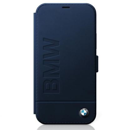 BMW Signature Logo Booktype Leather Case - дизайнерски кожен калъф (естествена кожа), тип портфейл за iPhone 12 mini (тъмносин) 2