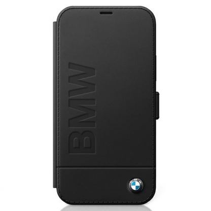 BMW Signature Logo Booktype Leather Case - дизайнерски кожен калъф (естествена кожа), тип портфейл за iPhone 12 mini (черен) 2