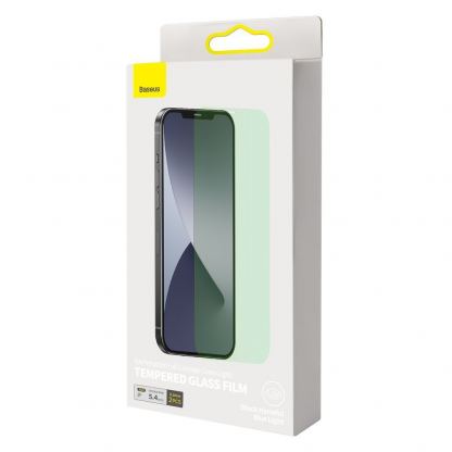Baseus Full Coverage Green Tempered Glass Film with Anti Blue Light Filter - стъклено защитно покритие за целия дисплей на iPhone 12 mini (прозрачен) (2 броя) 9