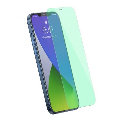 Baseus Full Coverage Green Tempered Glass Film with Anti Blue Light Filter - стъклено защитно покритие за целия дисплей на iPhone 12 mini (прозрачен) (2 броя) 12