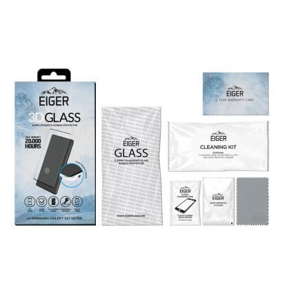 Eiger 3D Full Screen Tempered Glass - калено стъклено защитно покритие с извити ръбове за целия дисплея на Samsung Galaxy S21 Ultra (черен-прозрачен) 3