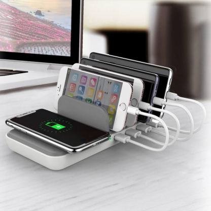Dymond Family Charger FC-05 - док станция с 4xUSB гнезда и пад за безжично зареждане (бял-сив) 4