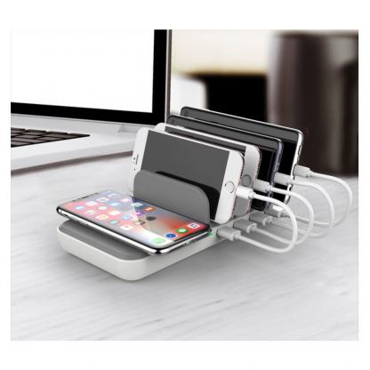 Dymond Family Charger FC-05 - док станция с 4xUSB гнезда и пад за безжично зареждане (бял-сив) 5