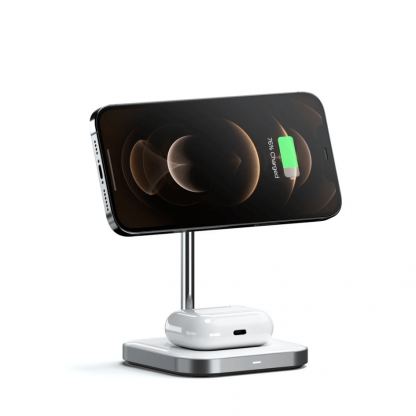 Satechi Aluminum 2-in-1 Magnetic Wireless Charging Stand - двойна поставка (пад) за безжично зареждане за iPhone с Magsafe и AirPods Pro (бял)	 2