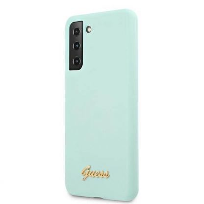 Guess Silicone Script Metal Logo Silicone Case - дизайнерски силиконов кейс за Samsung Galaxy S21 Plus (син) 2