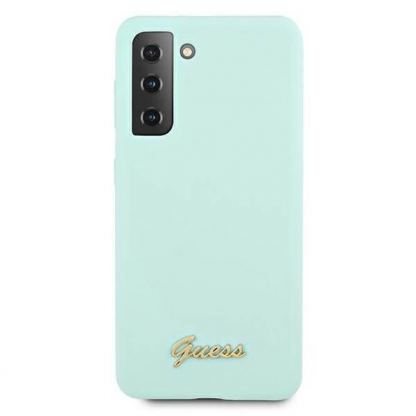 Guess Silicone Script Metal Logo Silicone Case - дизайнерски силиконов кейс за Samsung Galaxy S21 Plus (син) 3