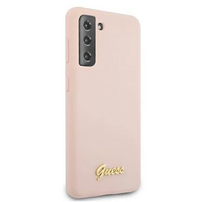 Guess Silicone Script Metal Logo Silicone Case - дизайнерски силиконов кейс за Samsung Galaxy S21 Plus (розов) 4