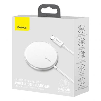 Baseus Simple Mini Magnetic Wireless Charger (WXJK-F02) - поставка (пад) за безжично зареждане за iPhone с Magsafe и Qi съвместими устройства (бял) 6