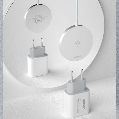 Dudao USB-C Magnetic Wireless Qi Charger 15W with 20W wall charger - поставка (пад) за безжично зареждане и захранване за ел. мрежа за iPhone с Magsafe (бял) 9
