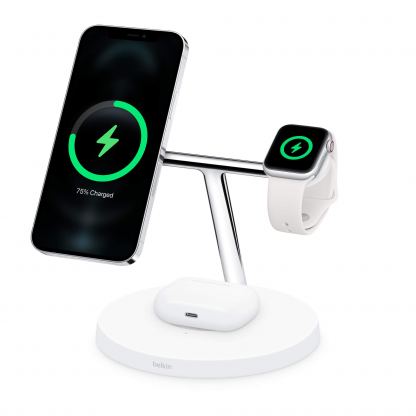 Belkin Boost Charge Pro 3-in-1 Wireless Charger with MagSafe 15W - тройна поставка (пад) за безжично зареждане за iPhone с Magsafe, Apple Watch и AirPods Pro (бял)	