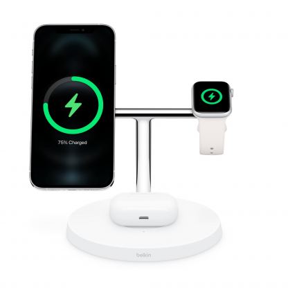 Belkin Boost Charge Pro 3-in-1 Wireless Charger with MagSafe 15W - тройна поставка (пад) за безжично зареждане за iPhone с Magsafe, Apple Watch и AirPods Pro (бял)	 2