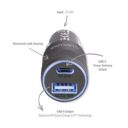 4smarts Fast Car Charger Rapid+ with Quick Charge 3.0 and Power Delivery - бързо зарядно за кола с USB и USB-C изход (тъмносив) 3
