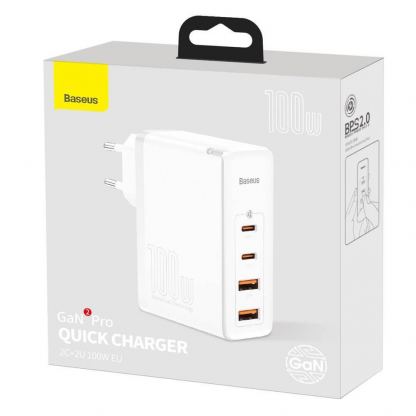 Baseus GaN 2 Pro Charger 100W (CCGAN2P-L02) - захранване за ел. мрежа за лаптопи, смартфони и таблети с 2xUSB и 2xUSB-C изходи с технология за бързо зареждане и USB-C кабел (бял) 4