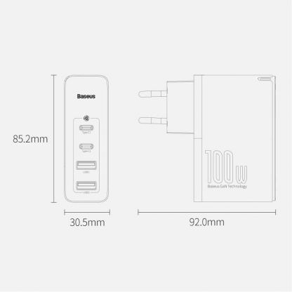 Baseus GaN 2 Pro Charger 100W (CCGAN2P-L02) - захранване за ел. мрежа за лаптопи, смартфони и таблети с 2xUSB и 2xUSB-C изходи с технология за бързо зареждане и USB-C кабел (бял) 12