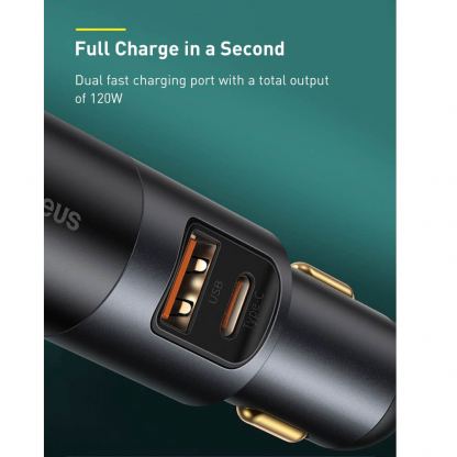 Baseus Cigarette Lighter Expansion Car Charger USB & USB-C QC 120W (CCBT-C0G) - зарядно за кола с USB-A и USB-C изходи и технология за бързо зареждане (тъмносив) 7