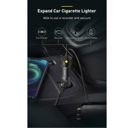 Baseus Cigarette Lighter Expansion Car Charger USB & USB-C QC 120W (CCBT-C0G) - зарядно за кола с USB-A и USB-C изходи и технология за бързо зареждане (тъмносив) 10