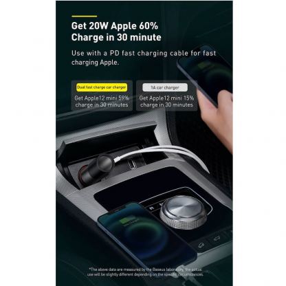 Baseus Cigarette Lighter Expansion Car Charger USB & USB-C QC 120W (CCBT-C0G) - зарядно за кола с USB-A и USB-C изходи и технология за бързо зареждане (тъмносив) 13