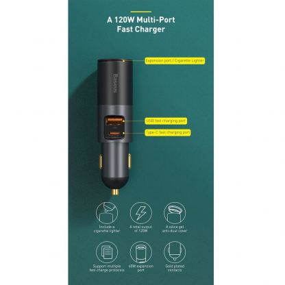 Baseus Cigarette Lighter Expansion Car Charger USB & USB-C QC 120W (CCBT-C0G) - зарядно за кола с USB-A и USB-C изходи и технология за бързо зареждане (тъмносив) 15