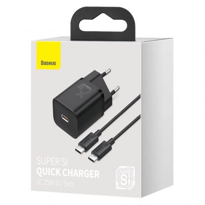 Baseus Super Si USB-C PD Wall Charger 25W (TZCCSUP-L01) - захранване за ел. мрежа с USB-C изход с технология за бързо зареждане и USB-C към USB-C кабел (черен) 3