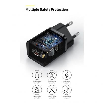 Baseus Super Si USB-C PD Wall Charger 25W (TZCCSUP-L01) - захранване за ел. мрежа с USB-C изход с технология за бързо зареждане и USB-C към USB-C кабел (черен) 5