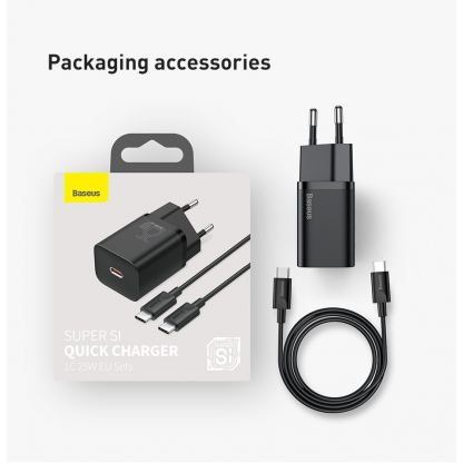 Baseus Super Si USB-C PD Wall Charger 25W (TZCCSUP-L01) - захранване за ел. мрежа с USB-C изход с технология за бързо зареждане и USB-C към USB-C кабел (черен) 6