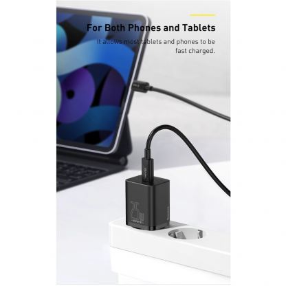 Baseus Super Si USB-C PD Wall Charger 25W (TZCCSUP-L01) - захранване за ел. мрежа с USB-C изход с технология за бързо зареждане и USB-C към USB-C кабел (черен) 10