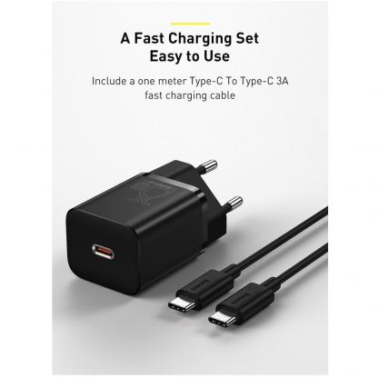 Baseus Super Si USB-C PD Wall Charger 25W (TZCCSUP-L01) - захранване за ел. мрежа с USB-C изход с технология за бързо зареждане и USB-C към USB-C кабел (черен) 13