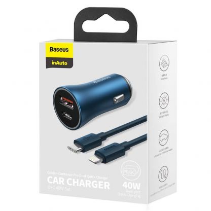 Baseus Golden Contactor Pro Quick Car Charger 40W (TZCCJD-03) - зарядно за кола с USB-A и USB-C изходи с технология за бързо зареждане и USB-C към Lightning кабел (син) 5