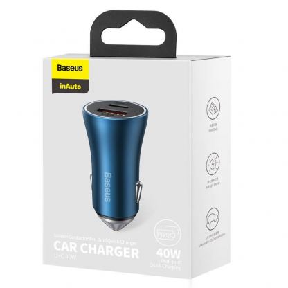 Baseus Golden Contactor Pro Quick Car Charger 40W (CCJD-03) - зарядно за кола с USB-A и USB-C изходи с технология за бързо зареждане (син) 5