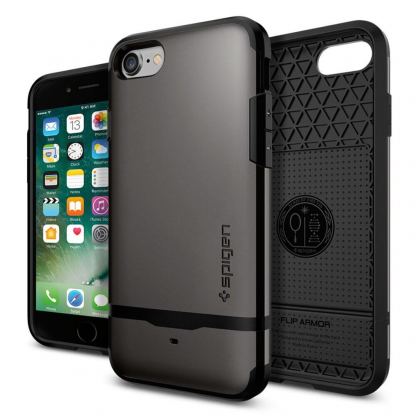 Spigen Flip Armor Case - хибриден кейс с отделение за кр. карти и най-висока степен на защита за iPhone SE (2020), iPhone 8, iPhone 7 (тъмносив) 2