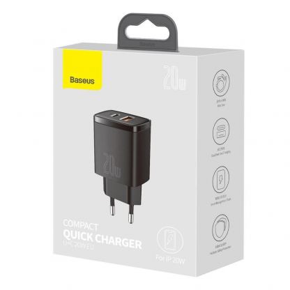Baseus Compact USB & USB-C QC 3.0 Wall Charger 20W (CCXJ-B01) - захранване за ел. мрежа с USB и USB-C изходи и технология за бързо зареждане (черен) 5