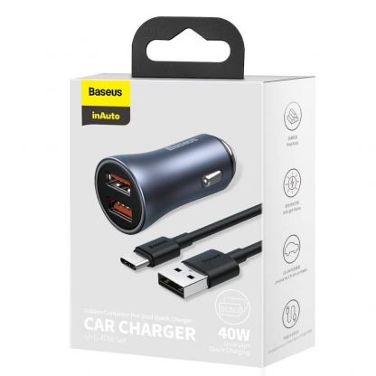Baseus Golden Contactor Pro Quick Car Charger 40W (TZCCJD-A0G) - зарядно за кола с два USB изхода, технология за бързо зареждане и USB-A към USB-C кабел (тъмносив) 20