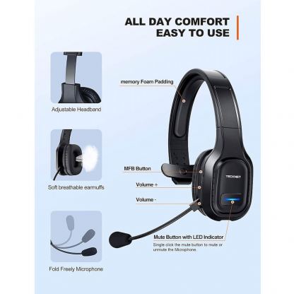 TeckNet Bluetooth On-Ear Noise Cancelling Headset - безжична блутут слушалка с управление на звука и микрофон за мобилни устройства (черен) 4