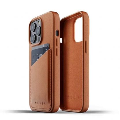 Mujjo Leather Wallet Case - кожен (естествена кожа) кейс с джоб за кредитна карта за iPhone 13 Pro (кафяв) 2