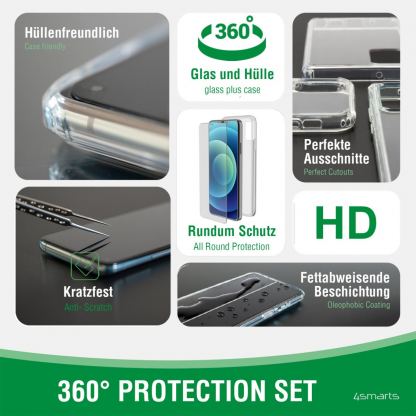 4smarts 360° Protection Set - тънък силиконов кейс и стъклено защитно покритие за дисплея на iPhone 13 (прозрачен) 2