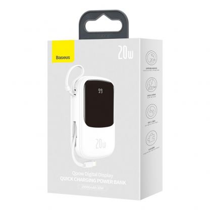Baseus Qpow Digital Display Power bank with Lightning cable 20W (PPQD-H02) - външна батерия 20000 mAh с вграден Ligtning кабел и USB-C, USB-A и Lightning изходи (бял) 5