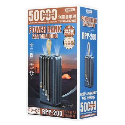 Remax Hunergy Power Bank 50000mAh - мощна външна батерия 50000 mAh с 2xUSB, USB-C и microUSB изходи и вградени кабели за мобилни устройства (черен) 3