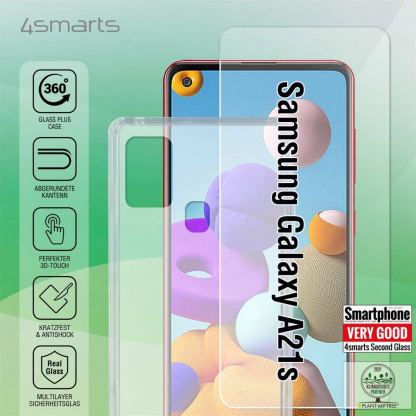 4smarts 360° Starter Set X-Pro Glass - тънък силиконов кейс и стъклено защитно покритие за дисплея на Samsung Galaxy A21s (прозрачен) 8