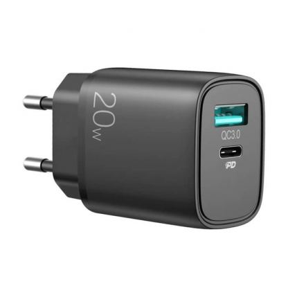 Joyroom Dual Port Fast Charger 20W with Quick Charge and PD - захранване за ел. мрежа с USB-A и USB-C изходи и технологии за бързо зареждане (черен)