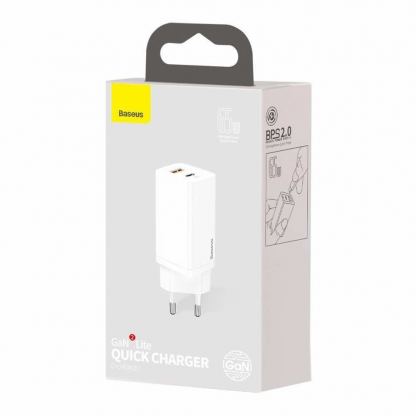 Baseus GaN 2 Lite Charger 65W (CCGAN2L-B02) - захранване за ел. мрежа за лаптопи, смартфони и таблети с 2xUSB-C изхода и с технология за бързо зареждане (бял) 6