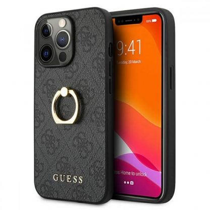 Guess Hard Case 4G With Ring Stand - дизайнерски кожен кейс с пръстен против изпускане за iPhone 13 Pro Max (черен) 2