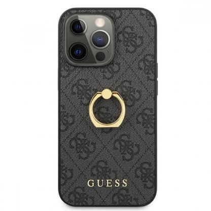 Guess Hard Case 4G With Ring Stand - дизайнерски кожен кейс с пръстен против изпускане за iPhone 13 Pro Max (черен) 3
