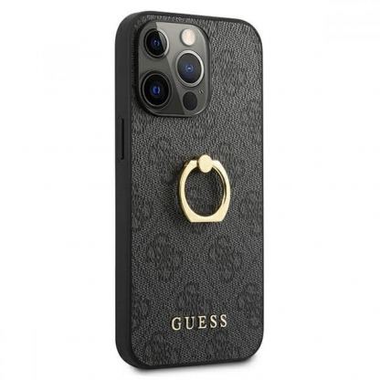 Guess Hard Case 4G With Ring Stand - дизайнерски кожен кейс с пръстен против изпускане за iPhone 13 Pro Max (черен) 4