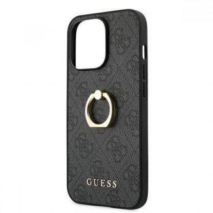 Guess Hard Case 4G With Ring Stand - дизайнерски кожен кейс с пръстен против изпускане за iPhone 13 Pro Max (черен) 6