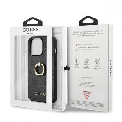 Guess Hard Case 4G With Ring Stand - дизайнерски кожен кейс с пръстен против изпускане за iPhone 13 Pro Max (черен) 8