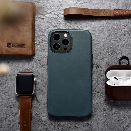 iCarer Leather Oil Wax MagSafe Case - кожен (естествена кожа) кейс с MagSafe за iPhone 13 Pro (син) 15