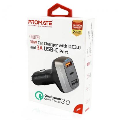 Promate Scud-C30 Dual USB and USB-C Car Charger 30W QC 3.0 - зарядно за кола с 2 USB изхода и USB-C изход и QuickCharge 3.0 технология за бързо зареждане (черен) 7