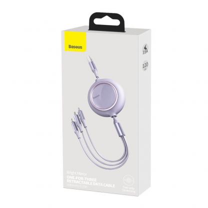 Baseus Bright Mirror 3-in-1 Retractable USB Cable 3.5A (CAMLT-MJ05) - универсален USB кабел с Lightning, microUSB и USB-C конектори (120 см) (лилав) 5
