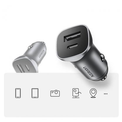 Ugreen USB-C & USB-A 24W Power Delivery Car Charger - зарядно за кола с USB-A и USB-C изходи с технология за бързо зареждане (сив) 6