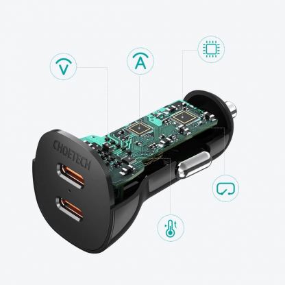 Choetech FCP Dual Quick Car Charger 40W - зарядно за кола с 2xUSB-C изхода с технология за бързо зареждане (черен) 5